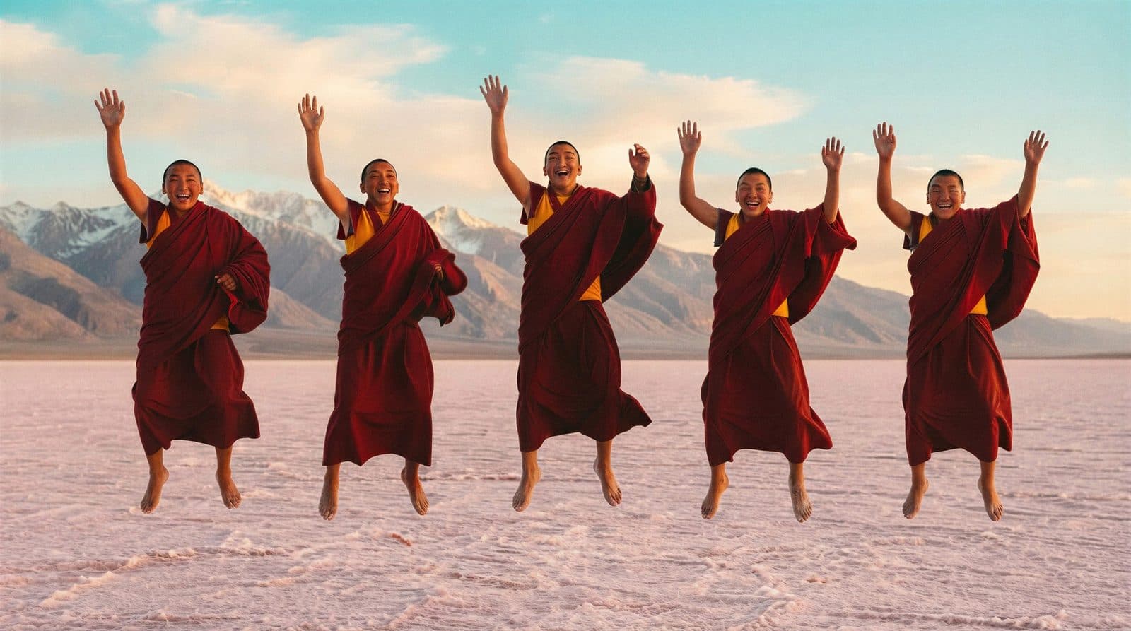 Cinque monaci tibetani scalzi che saltano di gioia sulla piana di sale rosa